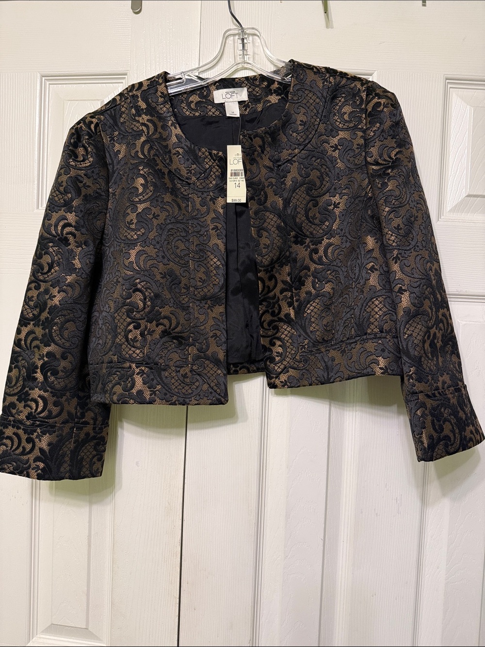 LOFT Black and Gold Brocade Open-Front Cropped Blazer
